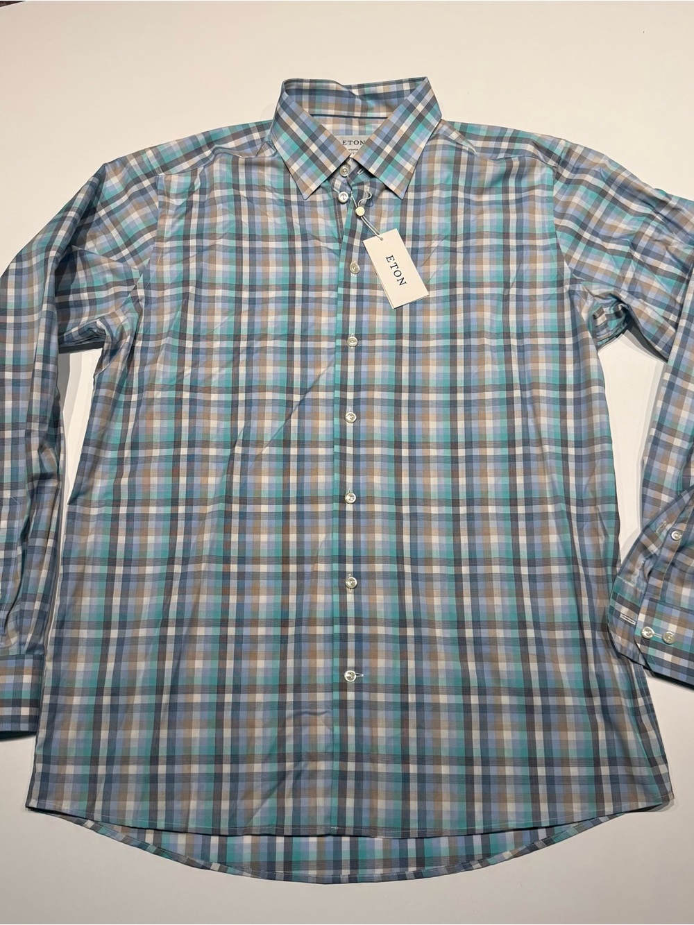 Eton Men's Teal and Blue Plaid Dress Shirt